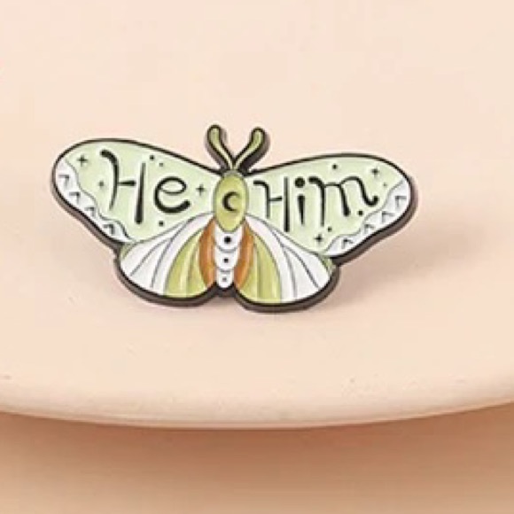 HE/HIM Pronoun Butterfly Enamel Pin Male Pronouns Lanyard Badge Queer Inclusive - Picture 3 of 10